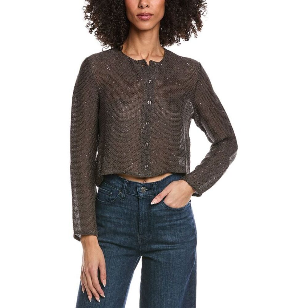 Leset Womens  Stella Crew Linen-Blend Cardigan, Brown